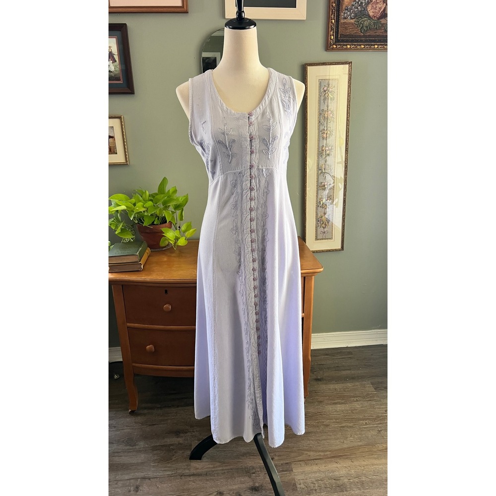Vintage Blue Embroidered Maxi Dress Sleeveless  Cottagecore Boho Prairirstyle